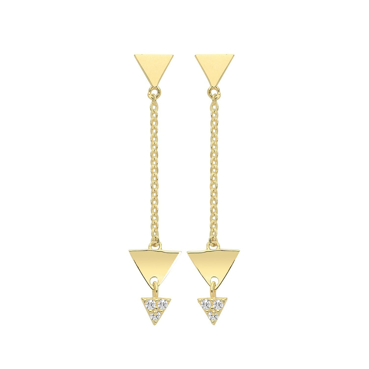 3 Stone Triangular Drop Earrings 9ct Yellow Gold 375 Hallmarked Brand New Boxed