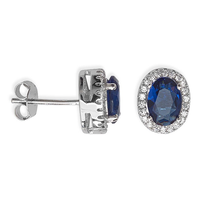 Oval Halo Sapphire Stud Earrings Sterling Silver 925 Hallmarked British Made