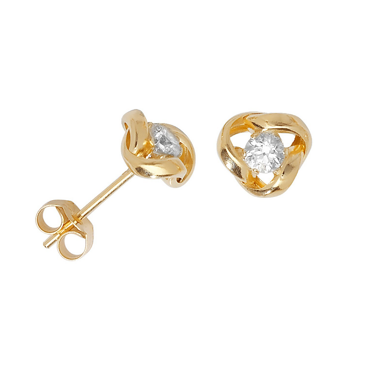 Soltaire Knot Stud Earrings 9ct Yellow Gold 375 Hallmarked Brand New Boxed