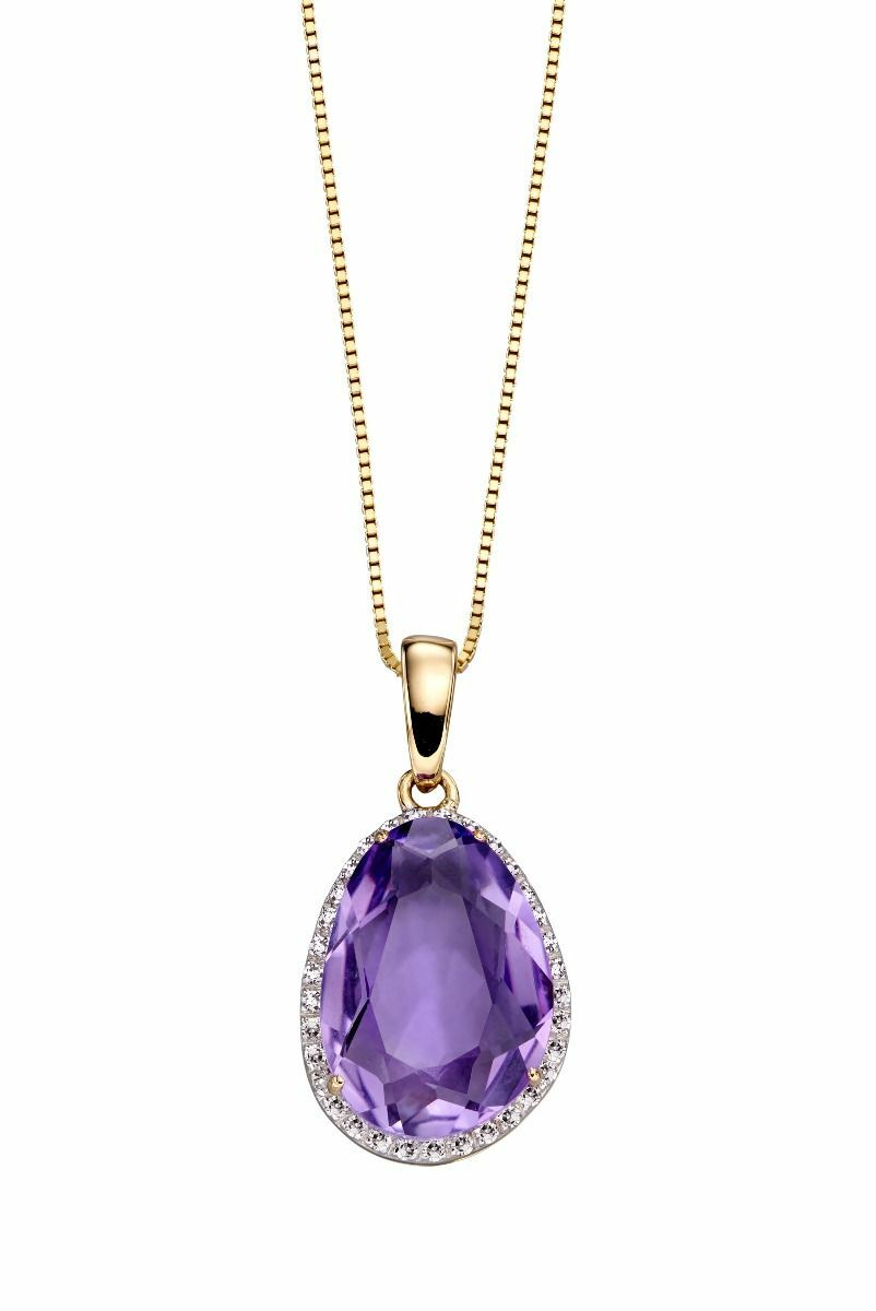 Amethyst and Diamond Pendant 9ct Yellow Gold 375 Hallmarked British Made