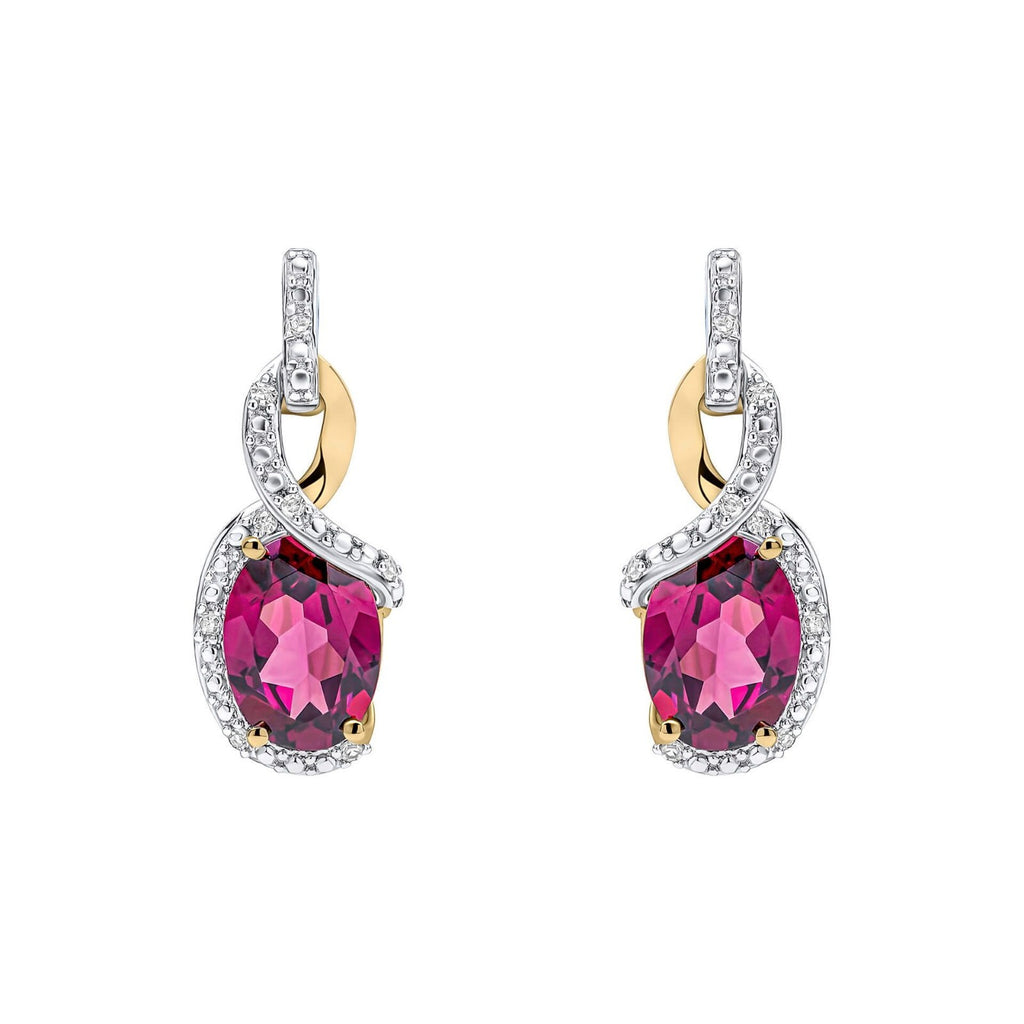 Twist Garnet & Diamond Drop Earrings 9ct Yellow Gold 375 Hallmarked