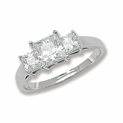 Sterling Silver Three Stone Ring Princess Engagement 925 Hallmarked Size K - S