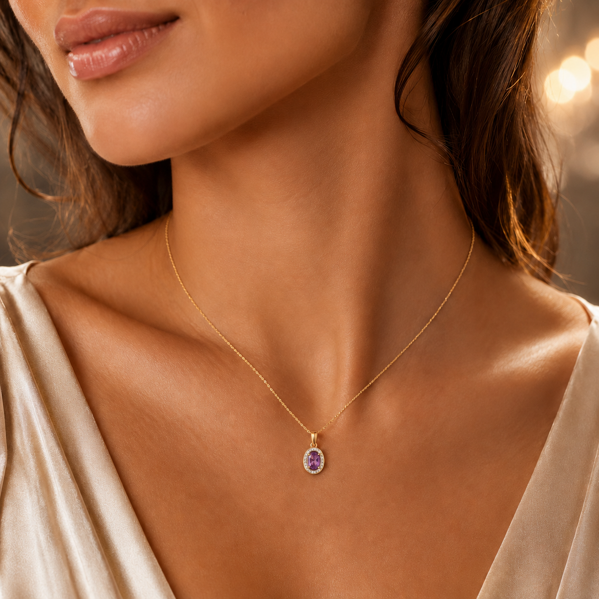 Oval Amethyst Diamond Pendant 9ct Multi Tone Gold 375 Hallmarked Chain Lengths