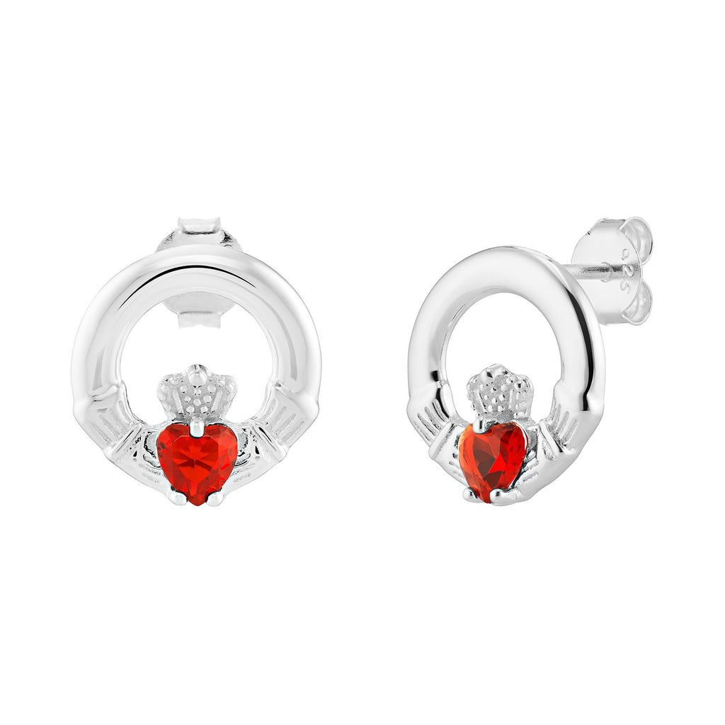 Ruby Claddagh Stud Earrings Sterling Silver 925 Hallmarked British Made