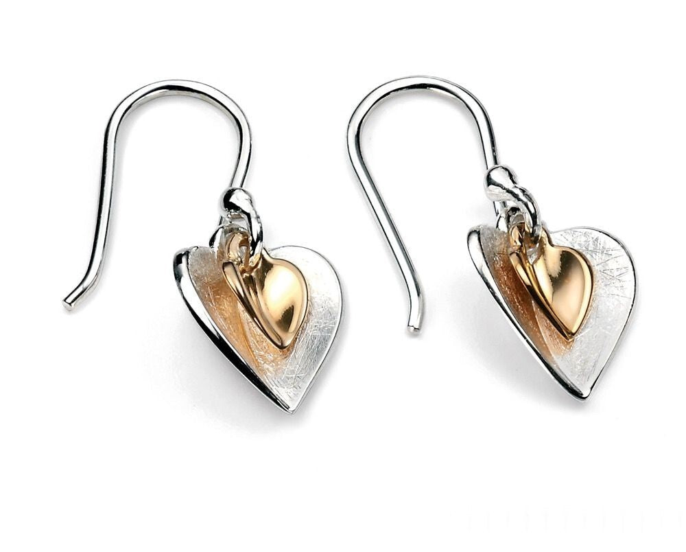 Double Heart Drop Earrings 9ct Yellow Gold Plated Hallmarked Brand New Boxed