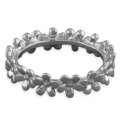 Rhodium Plated Floral Band Ring Sterling Silver 925 Hallmarked Size M - S