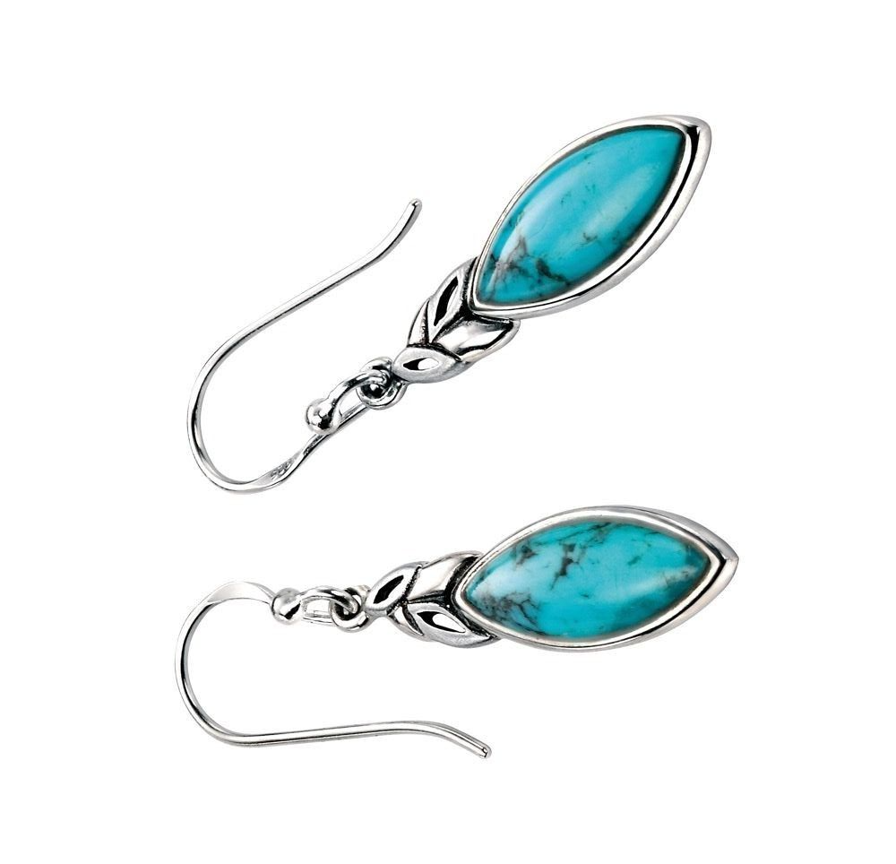 Real Turquoise Leaf Drop Earrings Solid Sterling Silver 925 Hallmarked