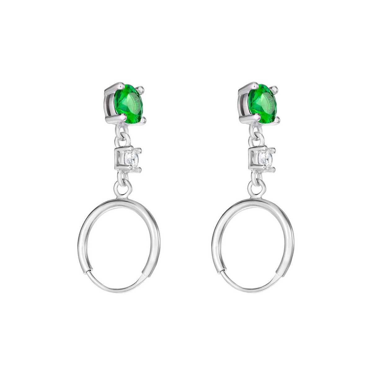 Solitaire Emerald Drop Hoop Earrings Sterling Silver 925 Hallmarked British Made