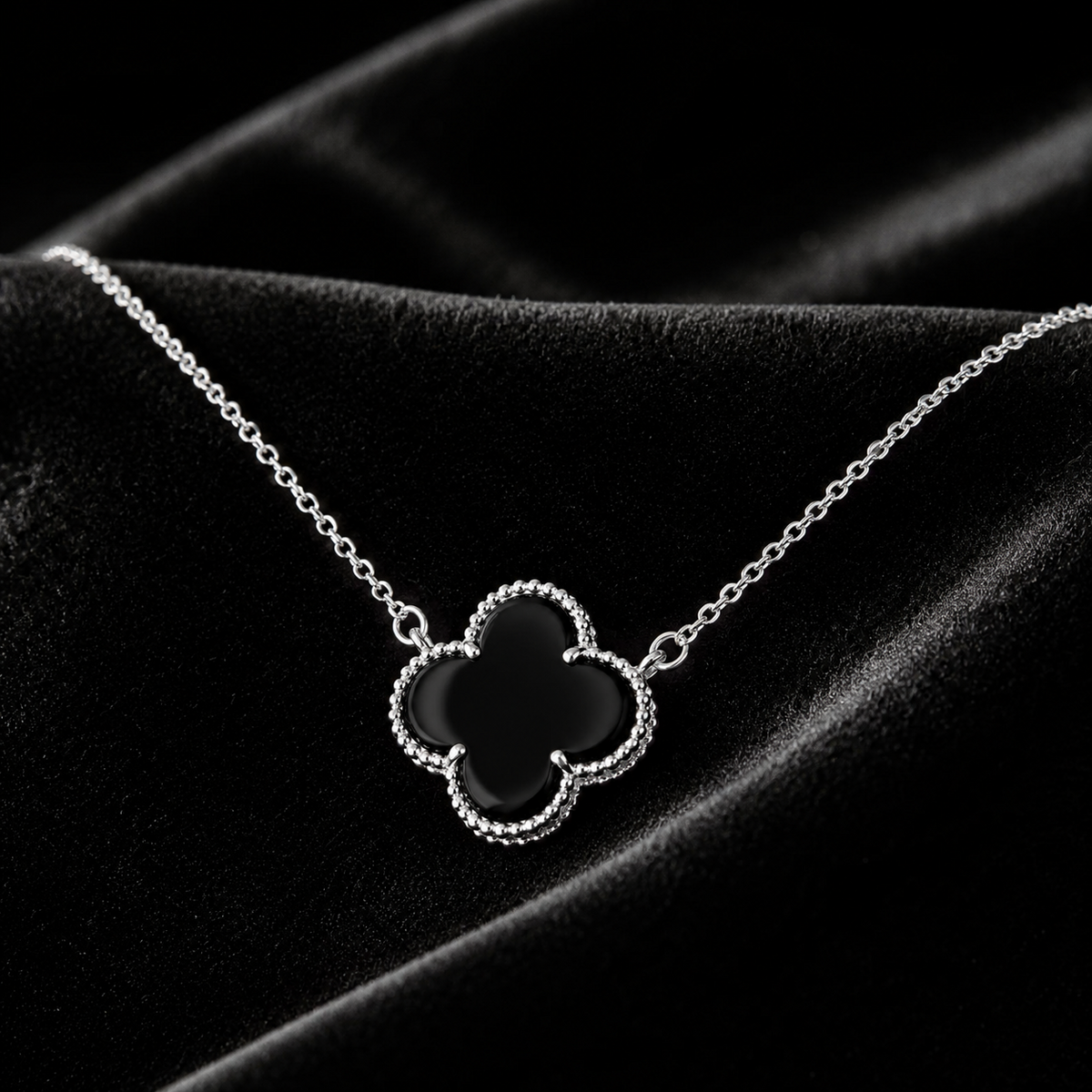 Onyx Quatrefoil Pendant Sterling Silver 925 Hallmarked All Chain Lengths