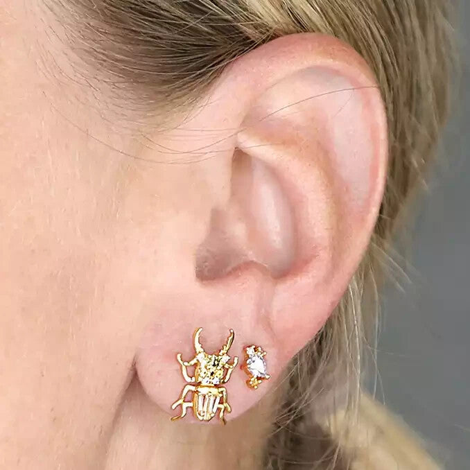 Beetle Paired Stud Earrings 18ct Yellow Gold Plated Hallmarked British Made