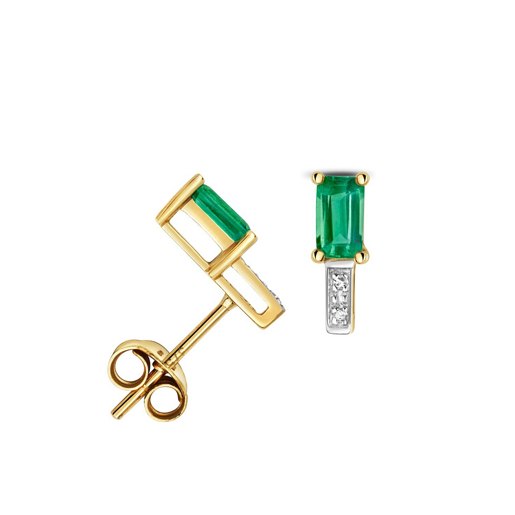 Emerald Baguette Diamond Stud Earrings 9ct Yellow Gold 375 Hallmark British Made