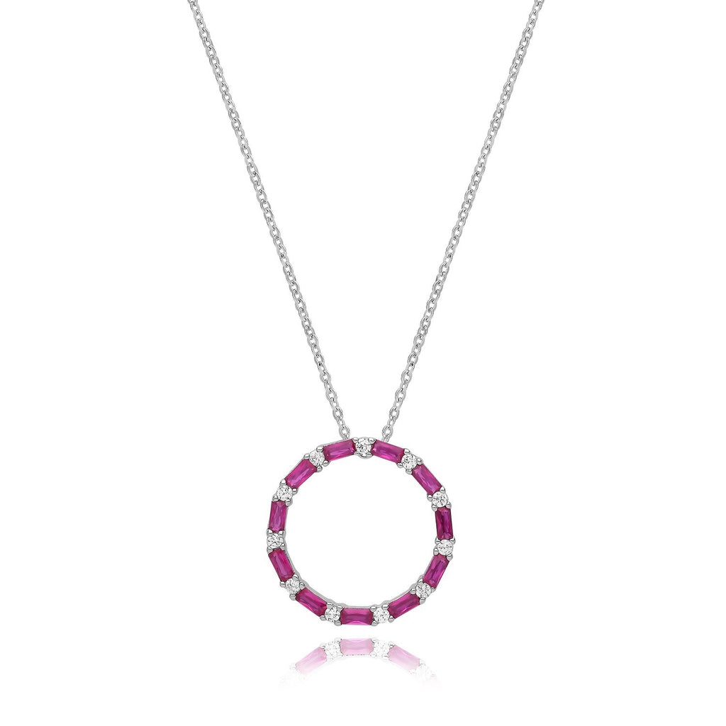 Ruby Baguette Circle Necklace Sterling Silver 925 Hallmarked British Made