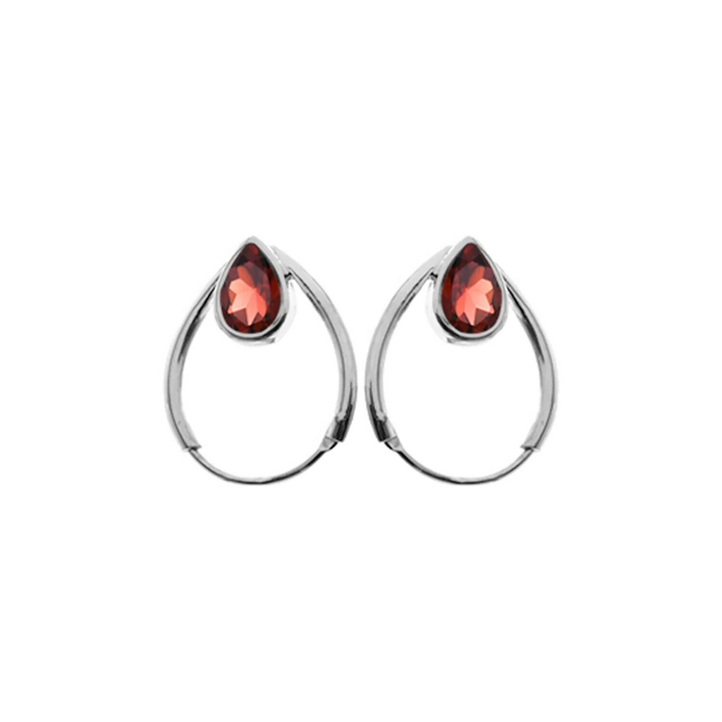 Teardrop Garnet Hoop Earrings Sterling Silver 925 Hallmarked Brand New Boxed