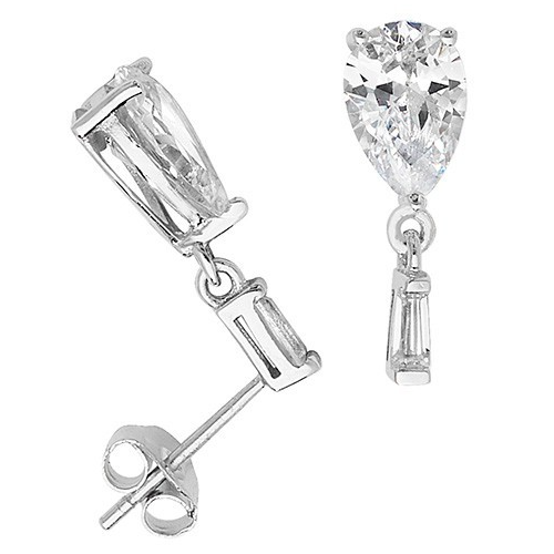 Pear-Cut & Baguette Drop Earrings Sterling Silver 925 Hallmarked Brand New Boxed