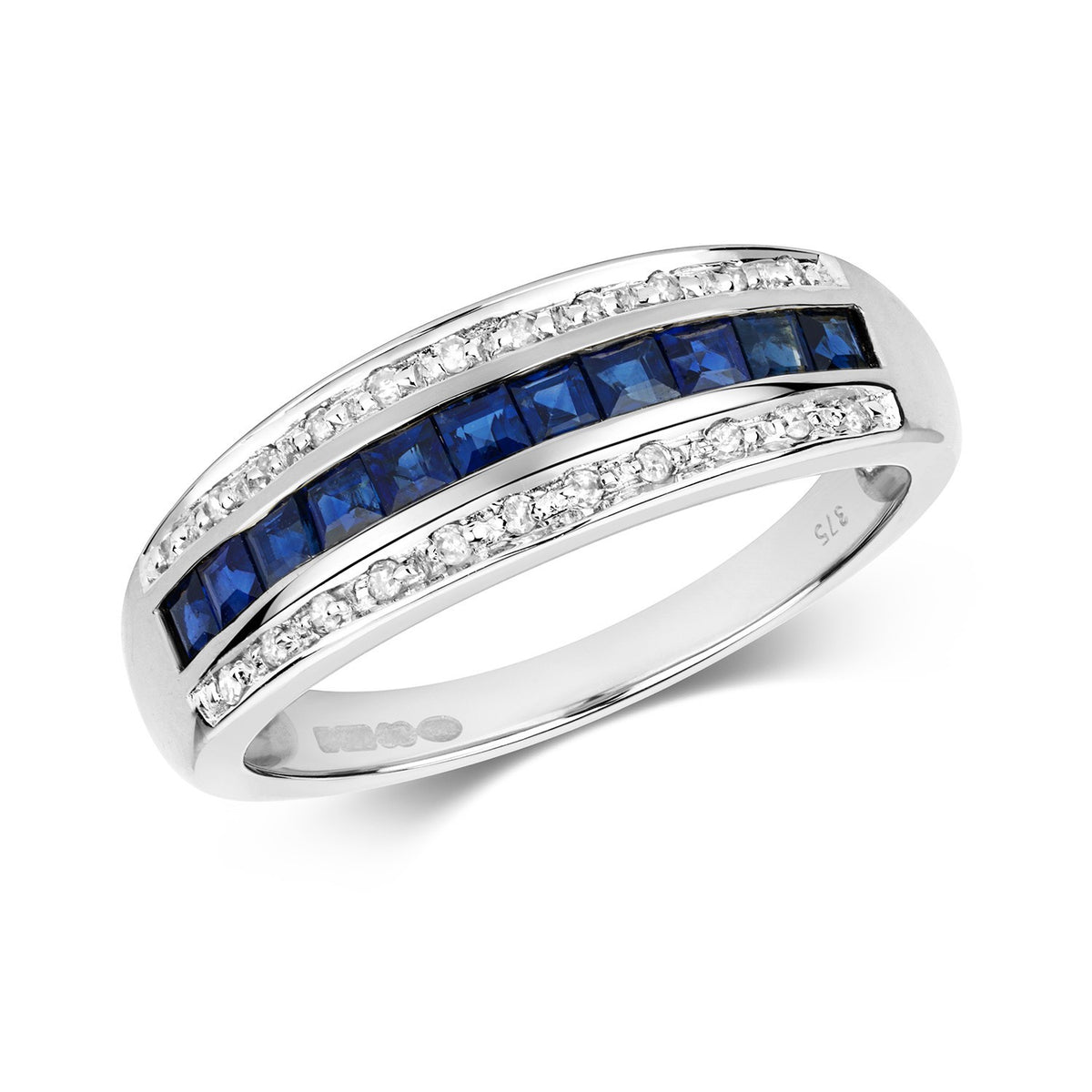 Sapphire Diamond Band Ring 9ct White Gold 375 Hallmark Sizes J - Q British Made