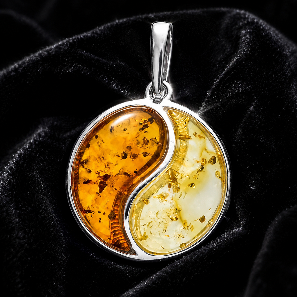 Ying Yang Chinese Amber Pendant Sterling Silver 925 Hallmarked All Chain Lengths