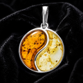 Ying Yang Chinese Amber Pendant Sterling Silver 925 Hallmarked All Chain Lengths