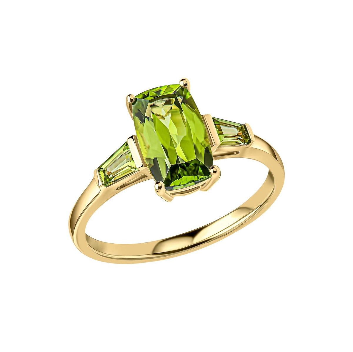 Baguette Trilogy Peridot Ring 9ct Yellow Gold Sizes L - Q British Made