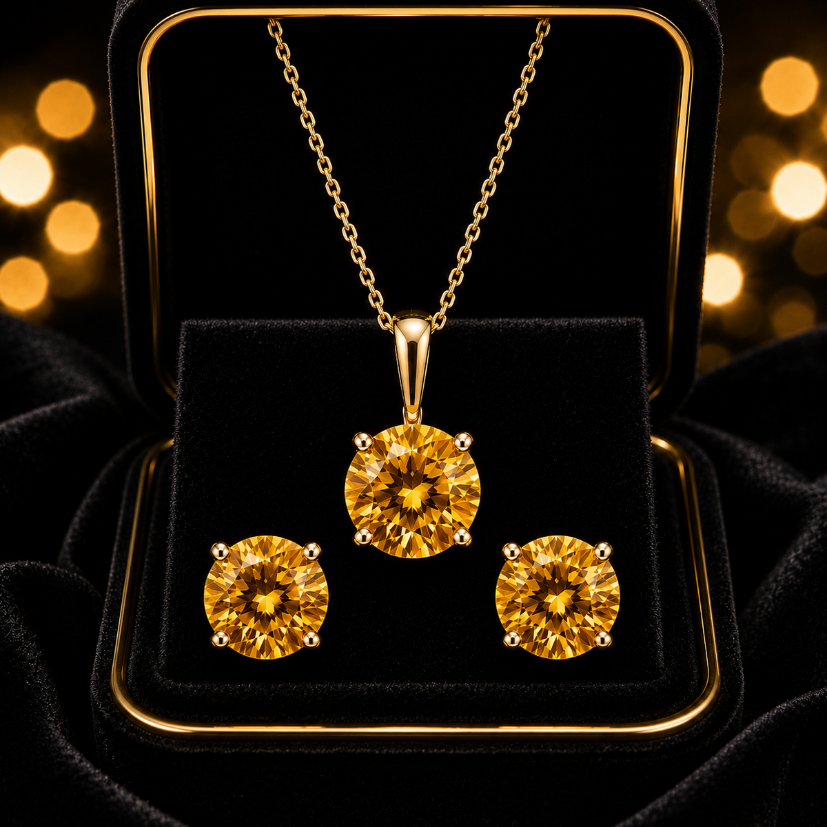Citrine Pendant and Earrings Set Solid Yellow Gold Solitaire 18" Chain Hallmark