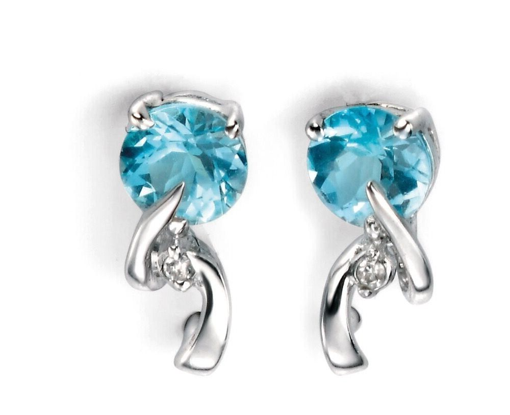 Blue Topaz and Diamond Stud Swirl Earrings 9k White Gold Hallmarked British Made
