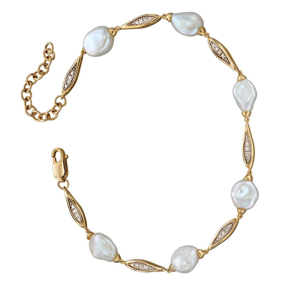 Keshi Pearl And Diamond Bracelet In 9ct Yellow Gold 375 Hallmarked British Made