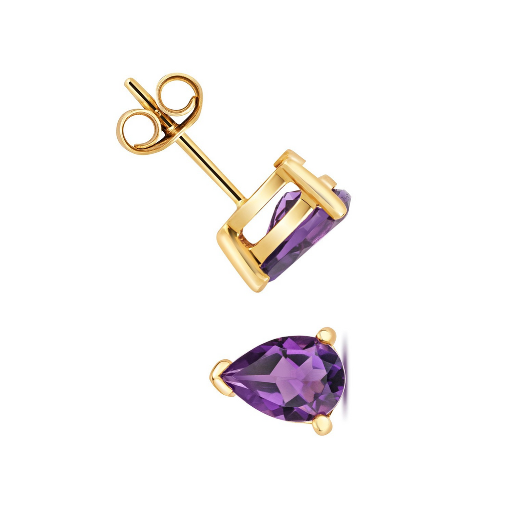 Natural Teardrop Amethyst Stud Earrings 9ct Yellow Gold 375 Hallmarked