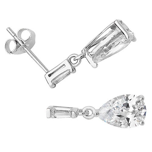Pear-Cut & Baguette Drop Earrings Sterling Silver 925 Hallmarked Brand New Boxed