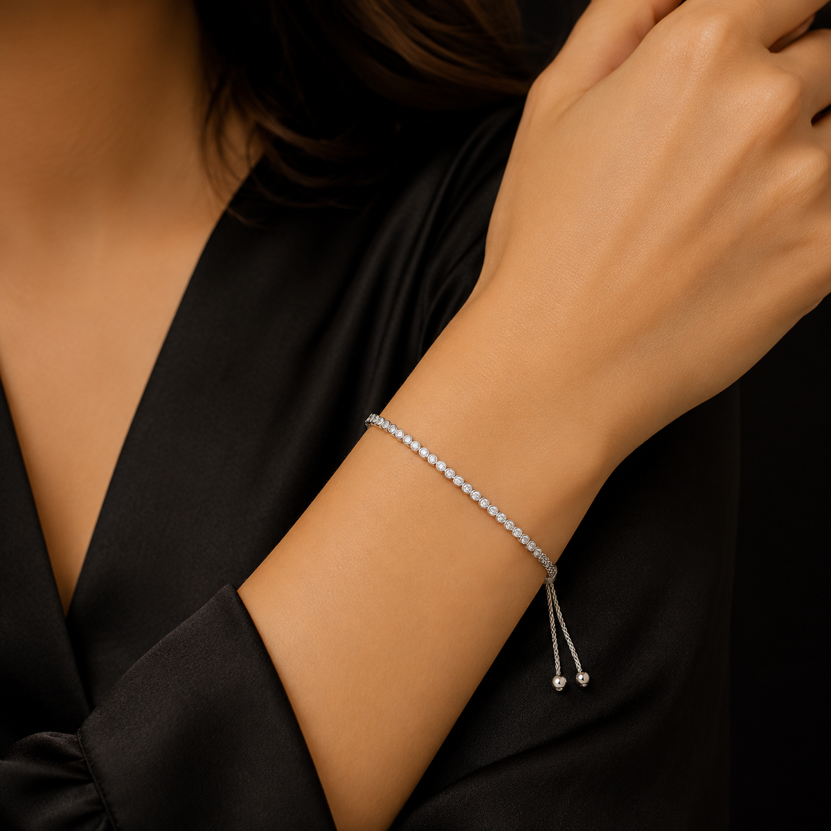 Bezel-Set Adjustable Bolo Bracelet Sterling Silver 925 Hallmarked Brand New