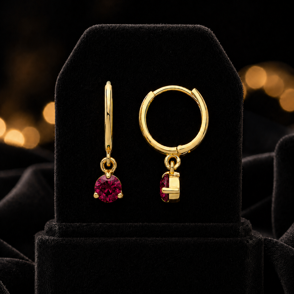 Yellow Gold Ruby Earrings Drop Hoops Natural Stone 375 9 Carat New Boxed