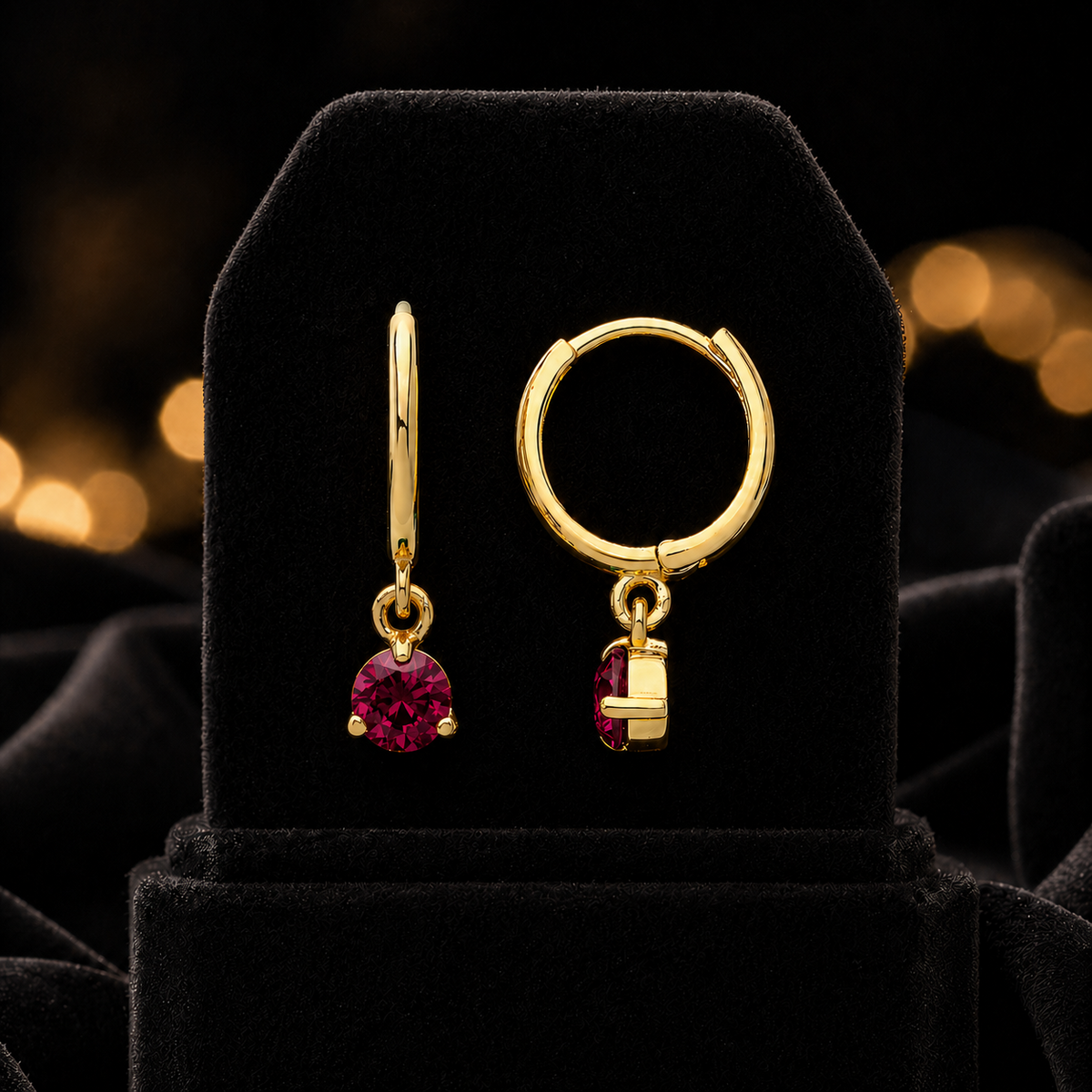 Yellow Gold Ruby Earrings Drop Hoops Natural Stone 375 9 Carat New Boxed