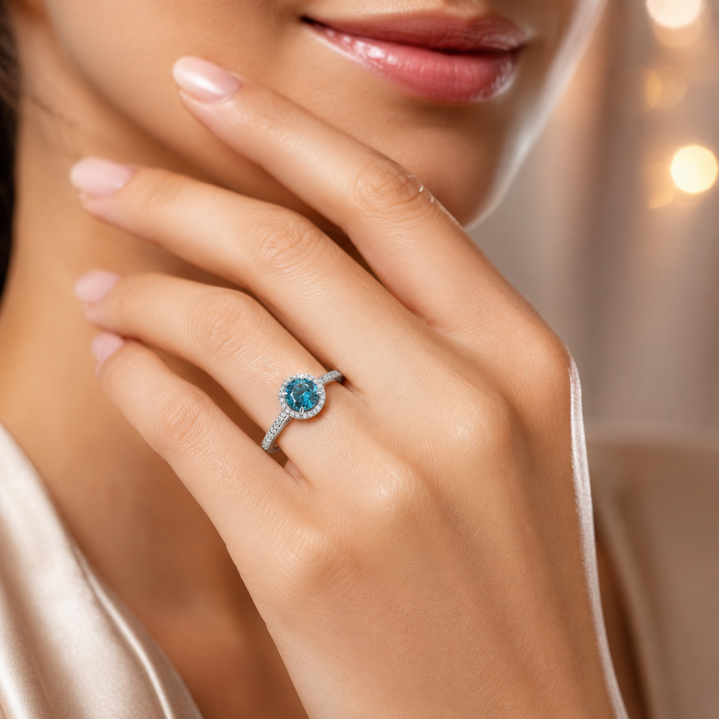 Round Halo Blue Topaz Diamond Ring 9ct White Gold 375 Hallmarked Sizes J - Q