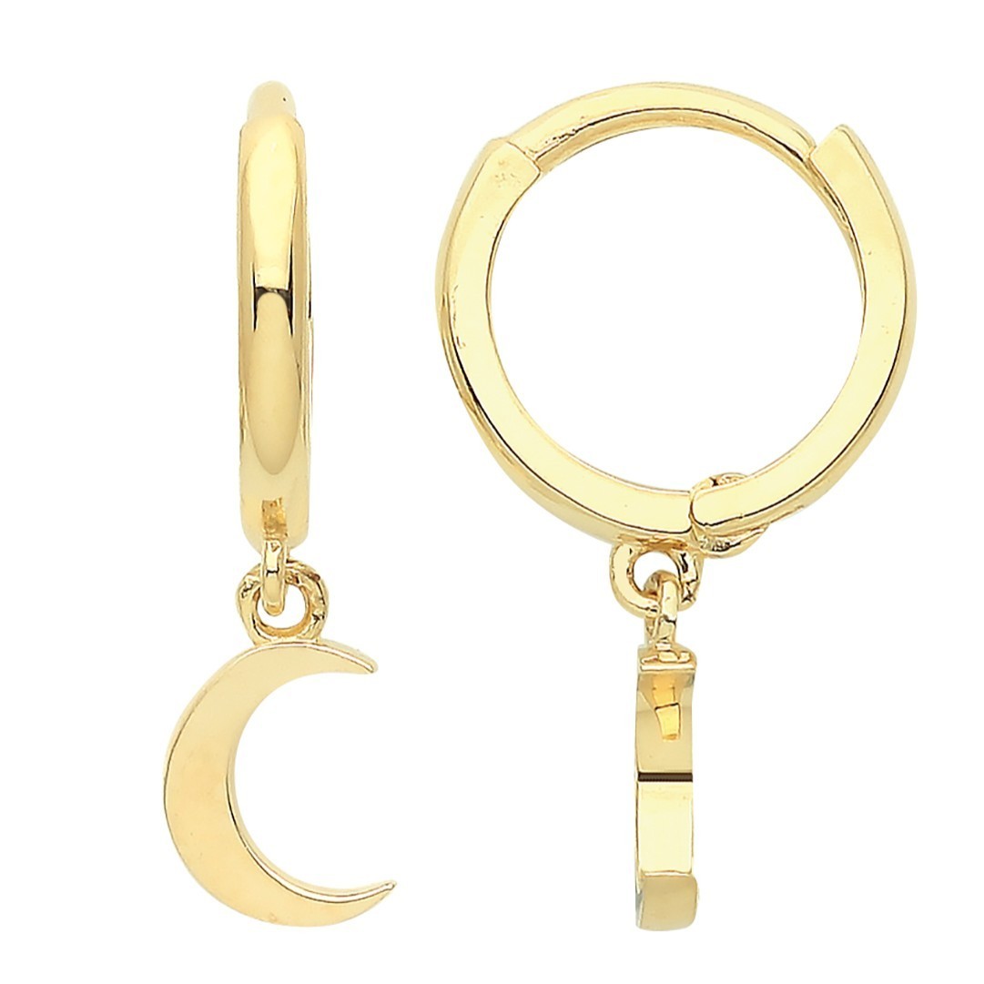 8mm Moon Hoop Drop Earrings 9ct Yellow Gold 375 Hallmarked Brand New