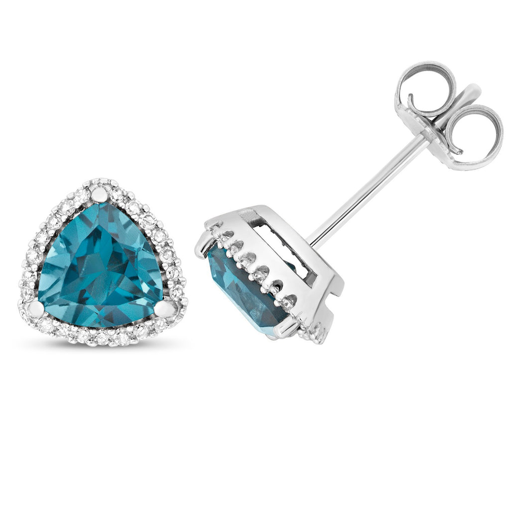 Natural Trillion Blue Topaz Diamond Earrings 9ct White Gold 375 Hallmarked