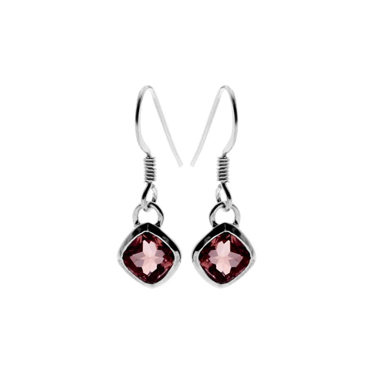Cushion Natural Garnet Drop Earrings Sterling Silver 925 Hallmarked British Made