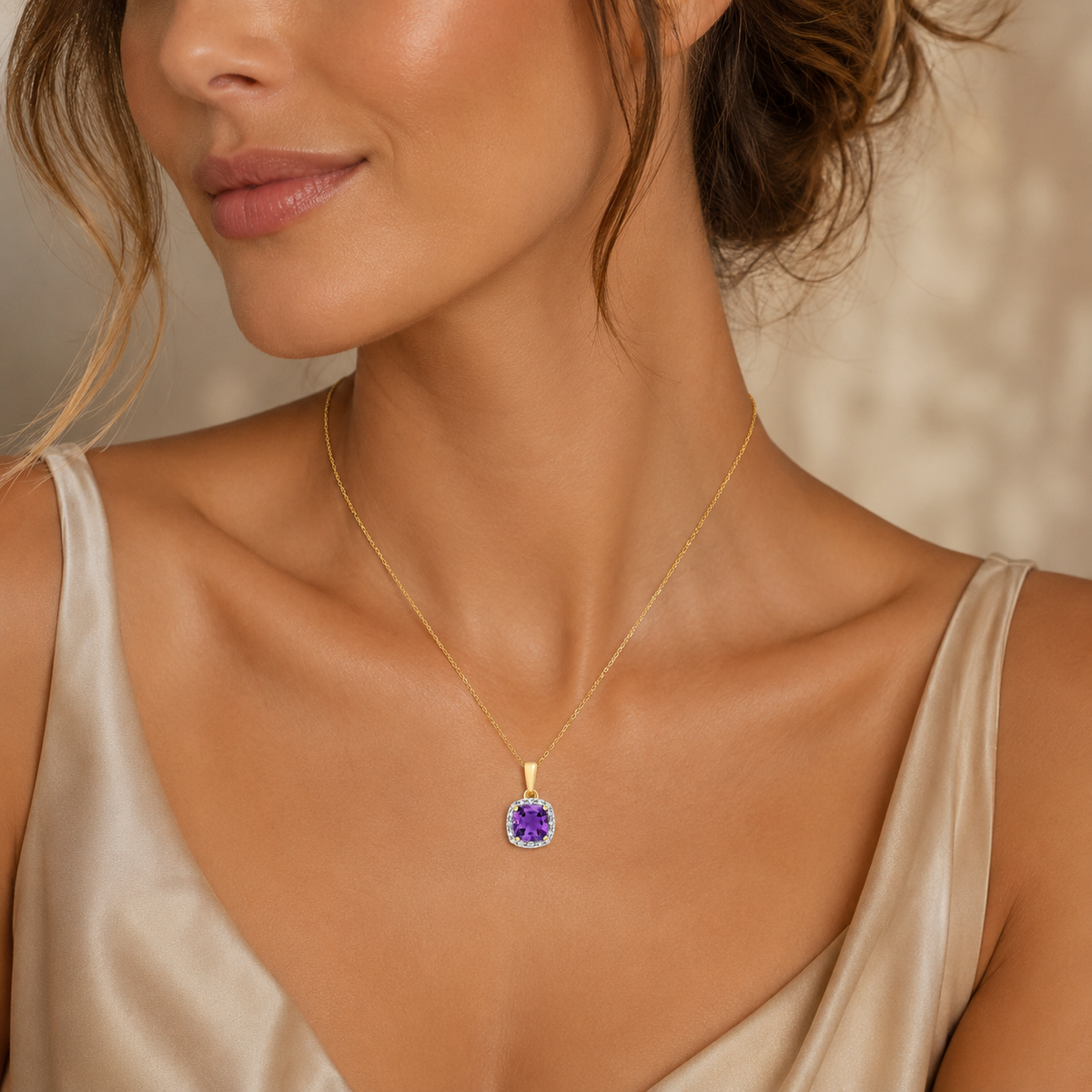Cushion Amethyst Diamond Pendant 9ct Multi Tone Gold 375 Hallmark Chain Lengths