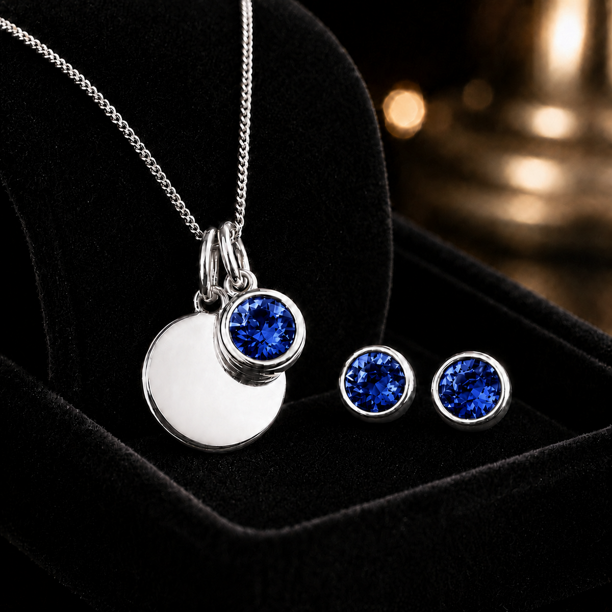 Engravable Solitaire Sapphire Pendant and Earrings Set Solid Sterling Silver