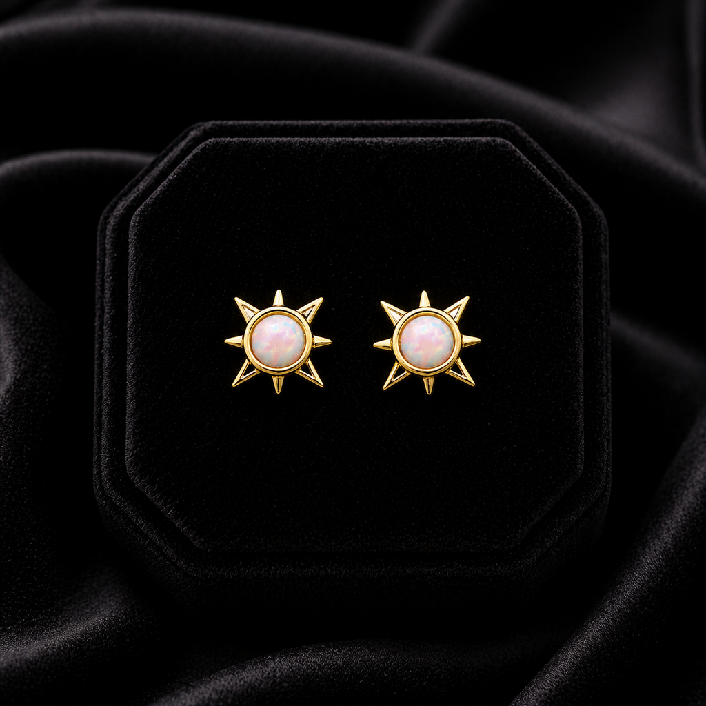Natural Opal Sun Stud Earrings 9ct Yellow Gold 375 Hallmarked Brand New