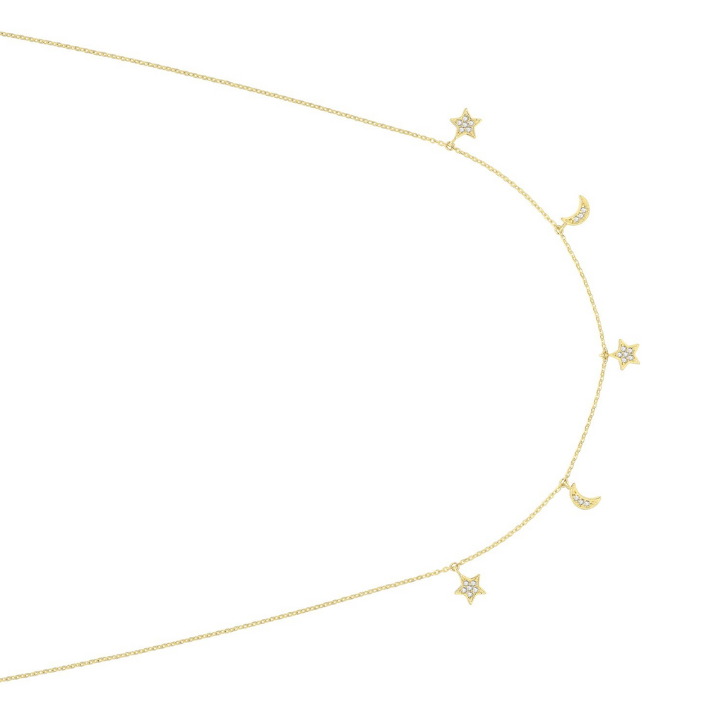 Sparkling Moon And Stars Necklace 9ct Yellow Gold 375 Hallmarked British Made