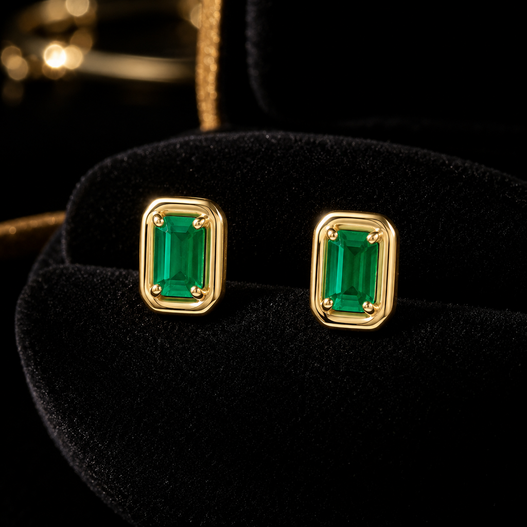 Chunky Solitaire Emerald Stud Earrings 9ct Yellow Gold 375 Hallmark British Made