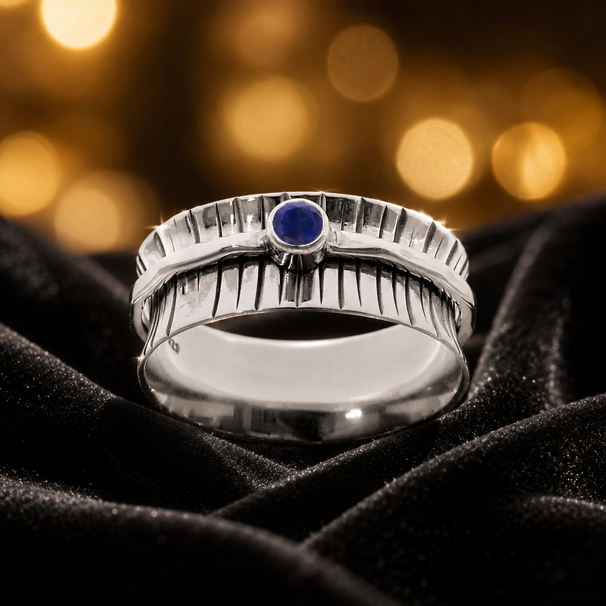 Flush Sapphire Spinner Ring Sterling Silver 925 Hallmark British Made Size K - T
