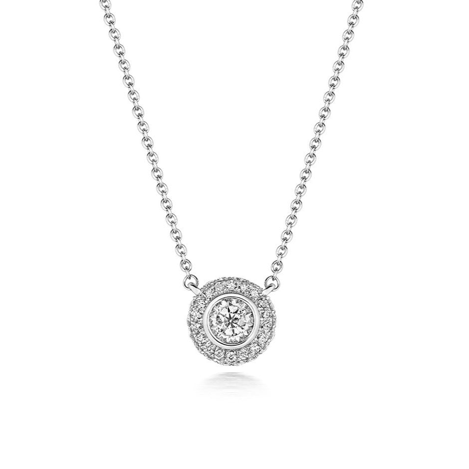 19 Natural Diamond Halo Necklace 18ct White Gold Hallmarked British Made