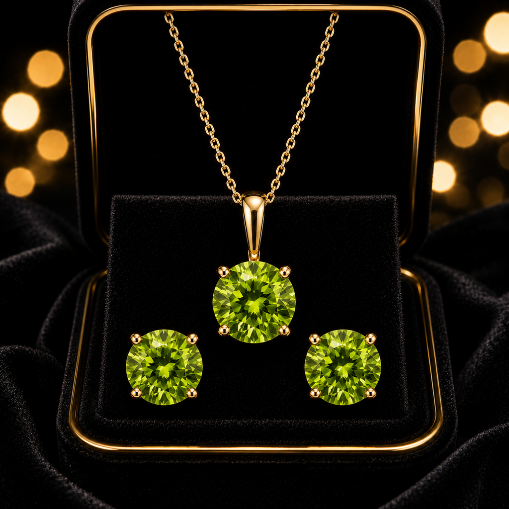 Peridot Pendant and Earrings Set Solid Yellow Gold Solitaire 18" Chain Hallmark