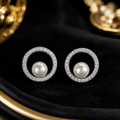 Pearl Open Circle Halo Stud Earrings Sterling Silver 925 Hallmarked British Made