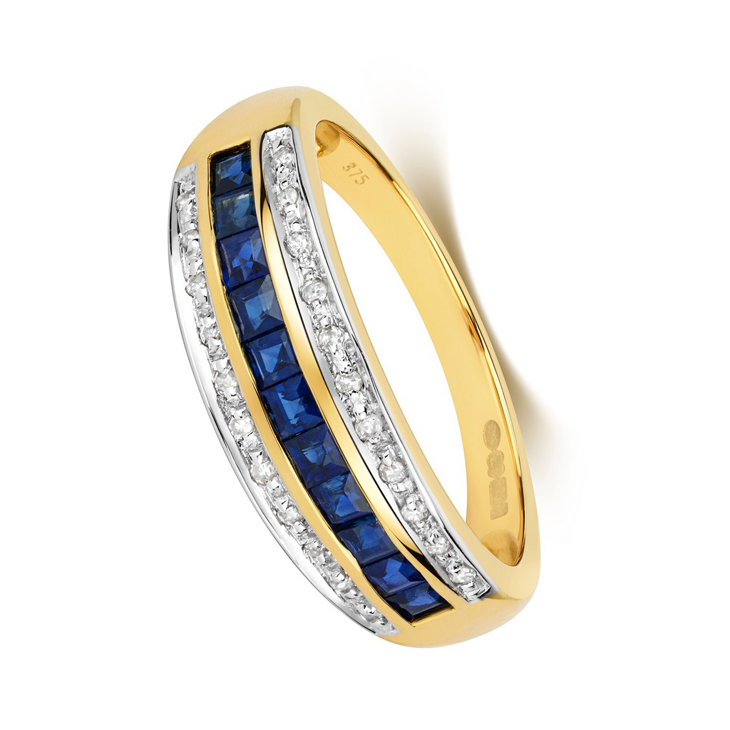 Sapphire Diamond Band Ring 9ct 2 Tone Gold 375 Hallmark Sizes J - Q British Made