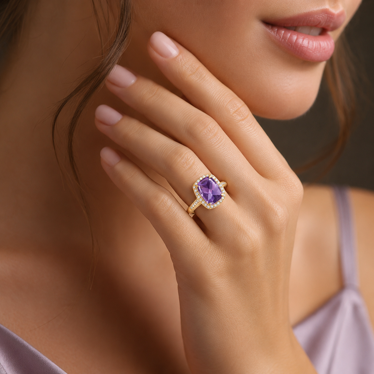 Halo Cushion Amethyst Diamond Ring 9ct Yellow Gold 375 Hallmarked Sizes J - Q