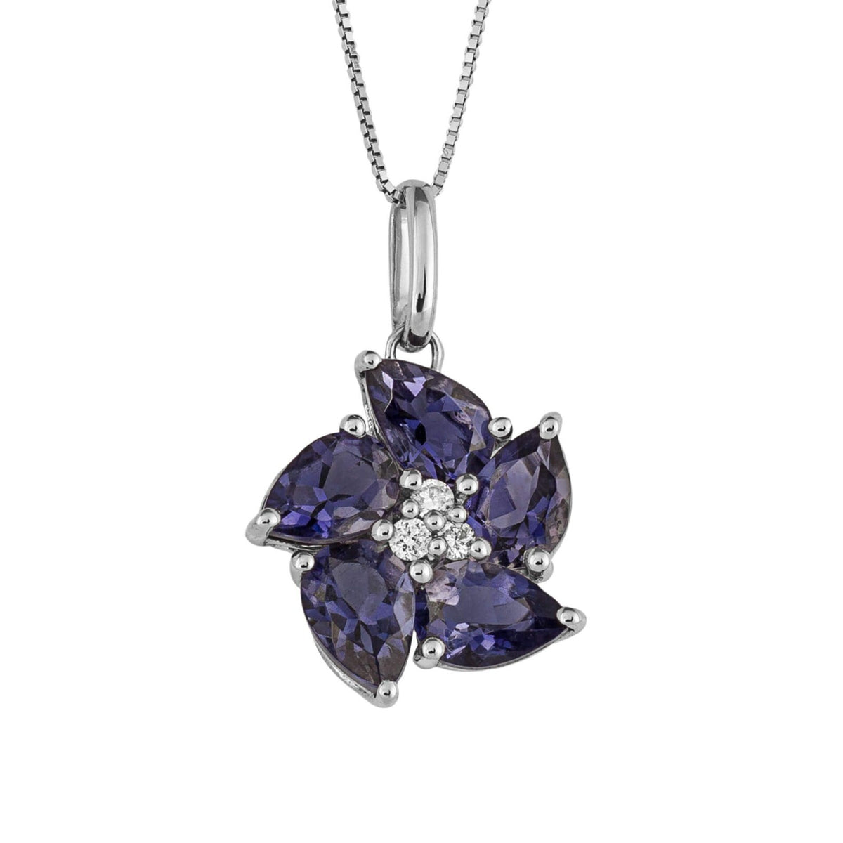 Iolite And Diamond Flower Pendant 9ct White Gold 375 Hallmarked British Made