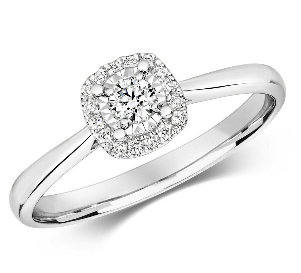 Real Diamond Engagement Ring 9ct White Gold Cushion Hallmarked