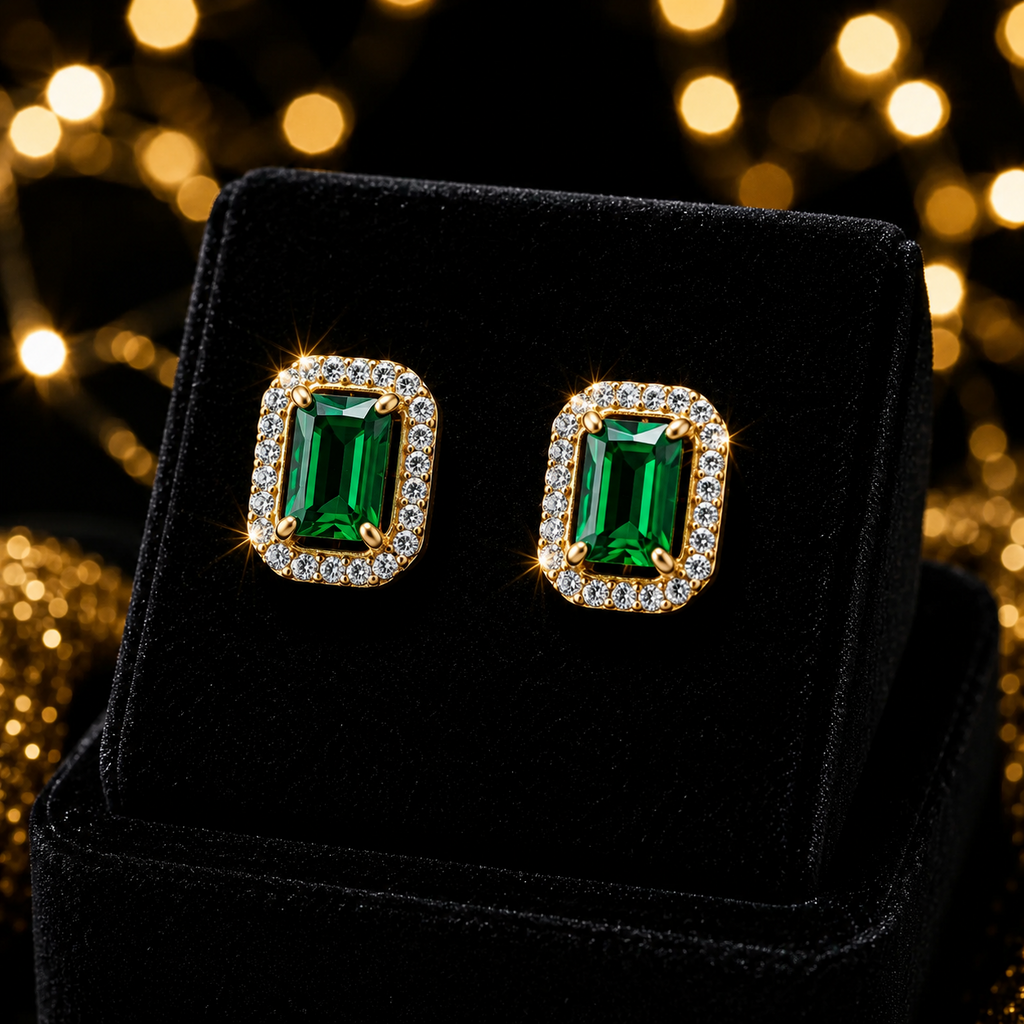 Yellow Gold Emerald Earrings 9 Carat 375 Hallmarked New Boxed British Made