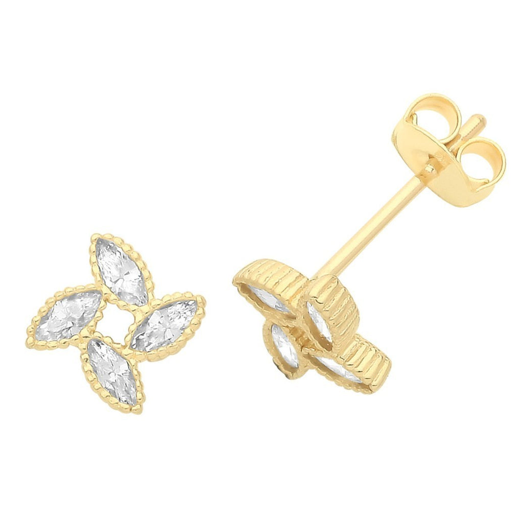 Marquise Cluster Stud Earrings 9ct Yellow Gold 375 Hallmarked Brand New Boxed