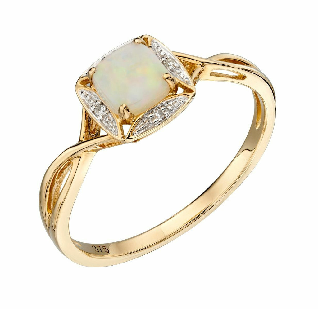 Real Opal And Diamond Ring 9ct Yellow Gold 375 Hallmarked Sizes L - Q